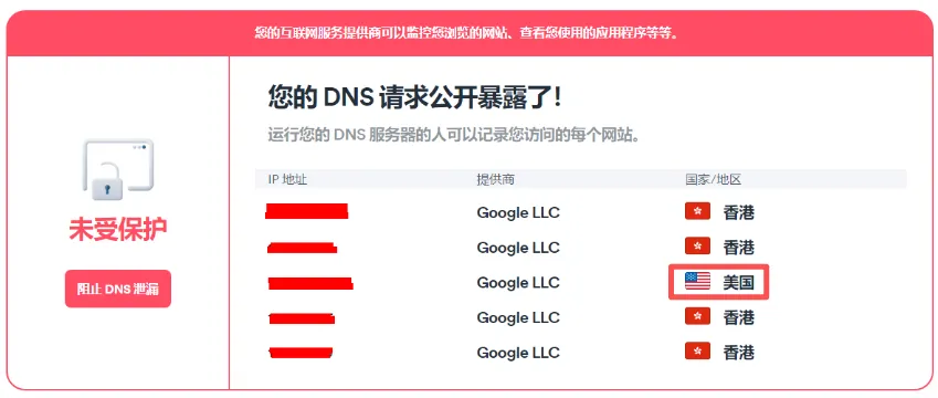 DNS泄露的测试结果图